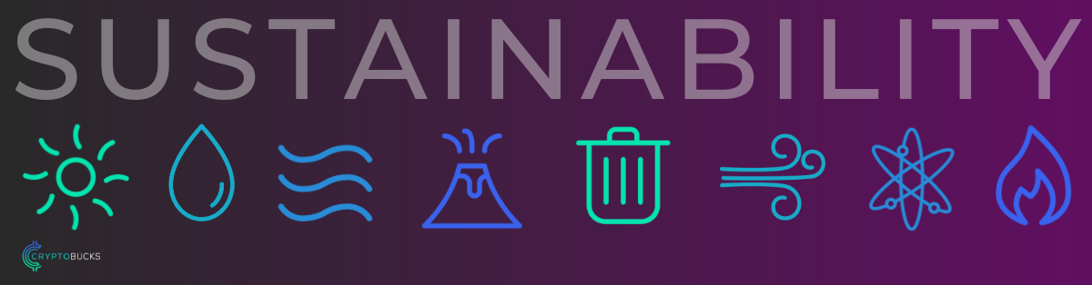 Series of energy type icons with the word sustainability across a purple and black gradient background